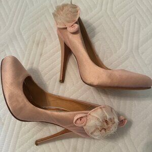 Badgley Mischka satin 4 inch heel with signature rosette